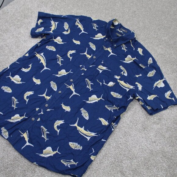 Eddie Bauer Shirt Mens TXL XL-Tall Blue Fish Print Classic Fit S/S Button Down - Picture 3 of 12